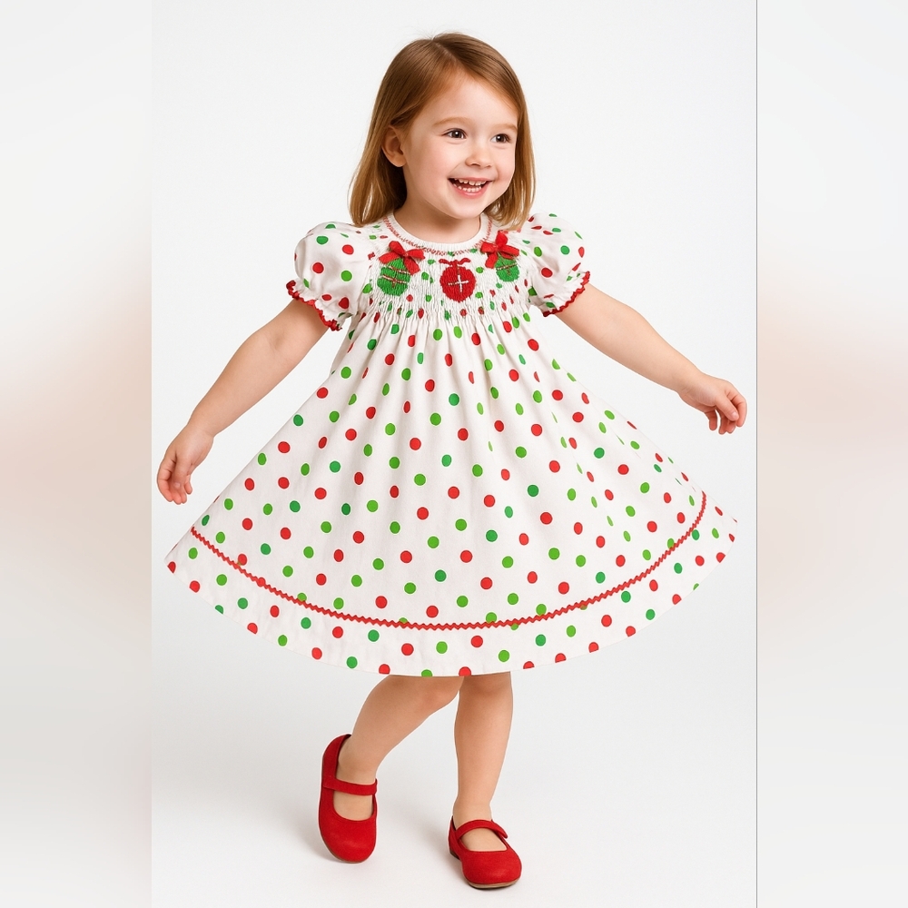 White Red Green Polka Dot Smocked Christmas Dress 6 Holiday 2010s Fashion